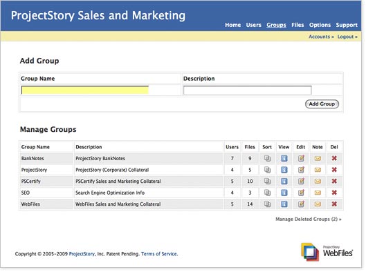 an image of the Groups page of the WebFiles online file sharing system