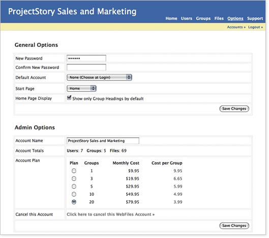 an image of the first Options page of the WebFiles online file sharing system