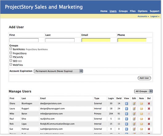 an image of the Users page of the WebFiles online file sharing system